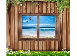 时尚花草木窗沙滩风景电视背景墙