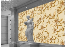 金色五瓣花底纹电视背景墙与雕塑