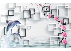 玫瑰海豚方框3D电视背景墙