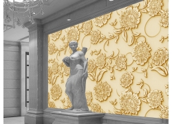 金色花纹雕塑电视背景墙