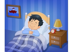 蓝色房间里睡觉的男孩卡通插画